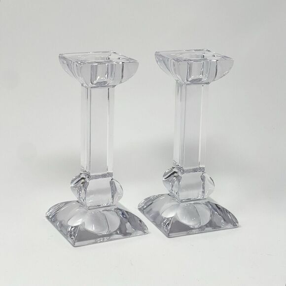 VILLEROY & BOCH Candle Sticks Taper Holders Crystal Square 5.75” Tall Set Of 2 - Picture 1 of 8